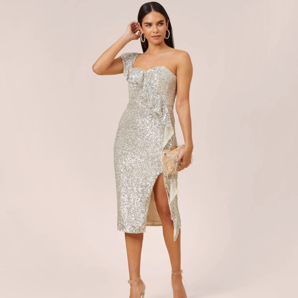 NWT Aiden Mattox champagne sequin one shoulder ruffle dress